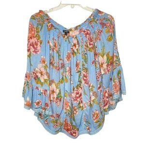 Hannah Boho Off-Shoulder Floral Bell Sleeve Blue Gauze Blouse Top Medium